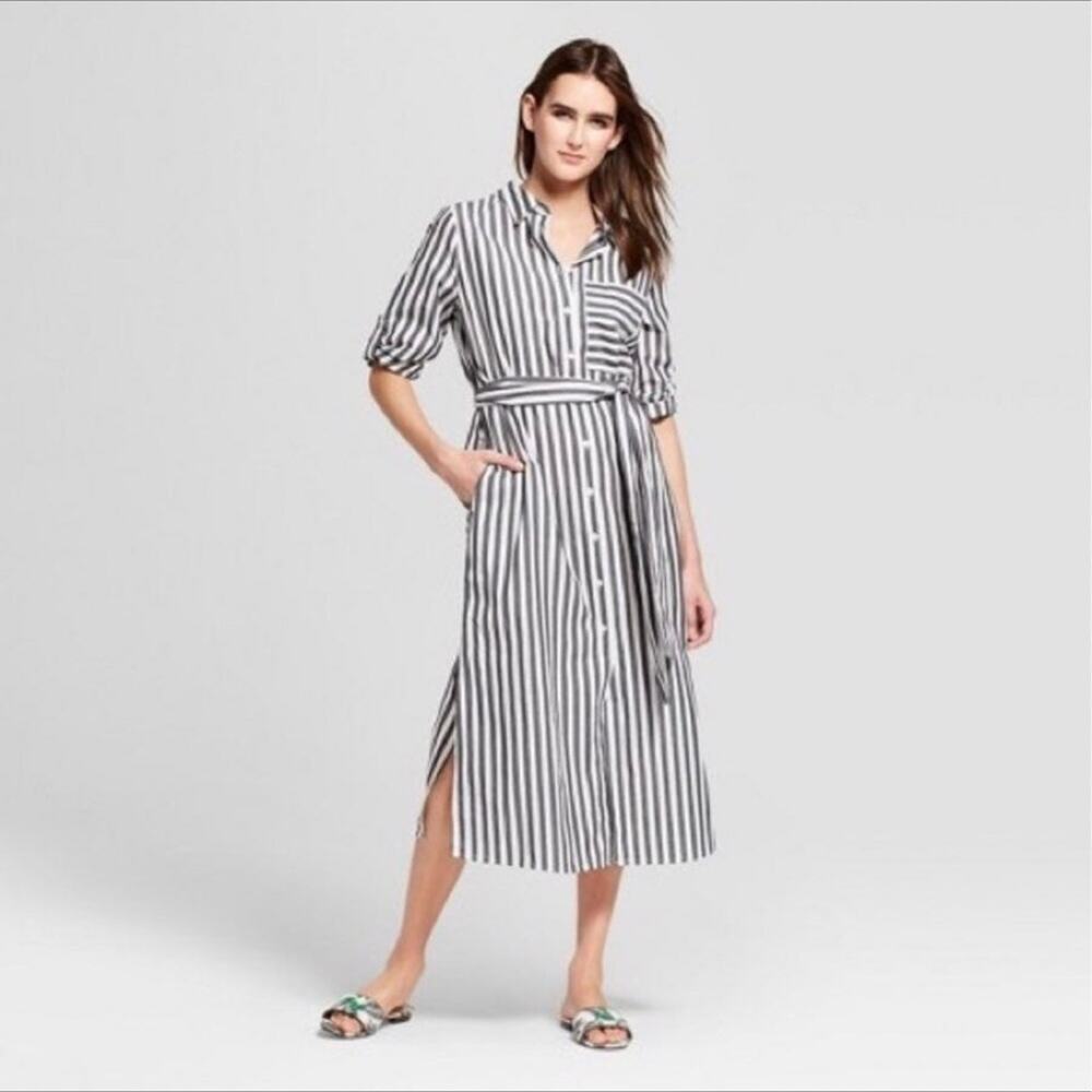 NWT Who what wear Pinstripe gray & white belted key hole shirt Dress size XS